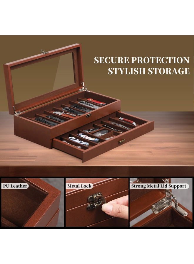 AUTOARK 2-Tier PU Leather & Velvet Knife Organizer with 17 Slots,Transparent Glass Top & Drawer,Compact Storage for Pocket Knives,Perfect for Men's Collections & Gifts,Coffee,MKAW012 - Image 3