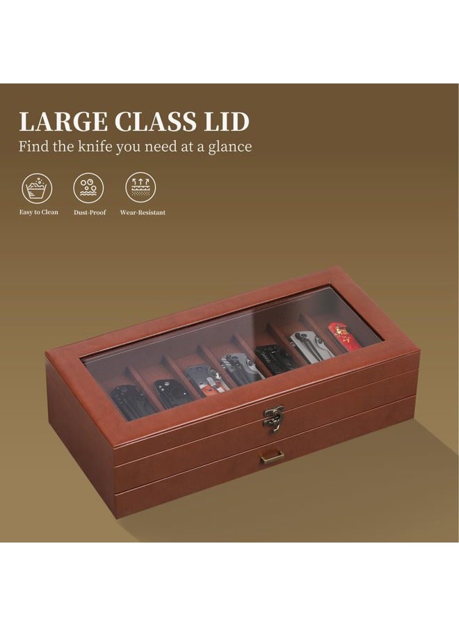 AUTOARK 2-Tier PU Leather & Velvet Knife Organizer with 17 Slots,Transparent Glass Top & Drawer,Compact Storage for Pocket Knives,Perfect for Men's Collections & Gifts,Coffee,MKAW012 - Image 5