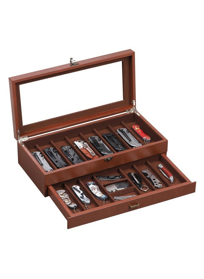AUTOARK 2-Tier PU Leather & Velvet Knife Organizer with 17 Slots,Transparent Glass Top & Drawer,Compact Storage for Pocket Knives,Perfect for Men's Collections & Gifts,Coffee,MKAW012 - Image 1