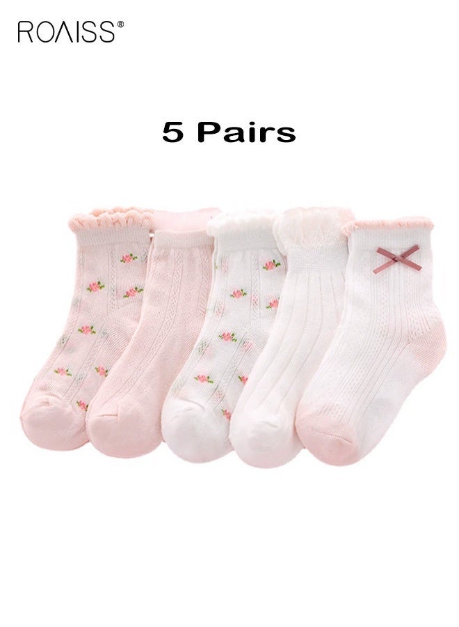 roaiss 5 Pairs Girls Mid-Calf Socks, Comfortable Breathable Mesh Socks Set, Anti-pilling Soft Socks, Thin Middle Tube Socks for Girls - Image 1