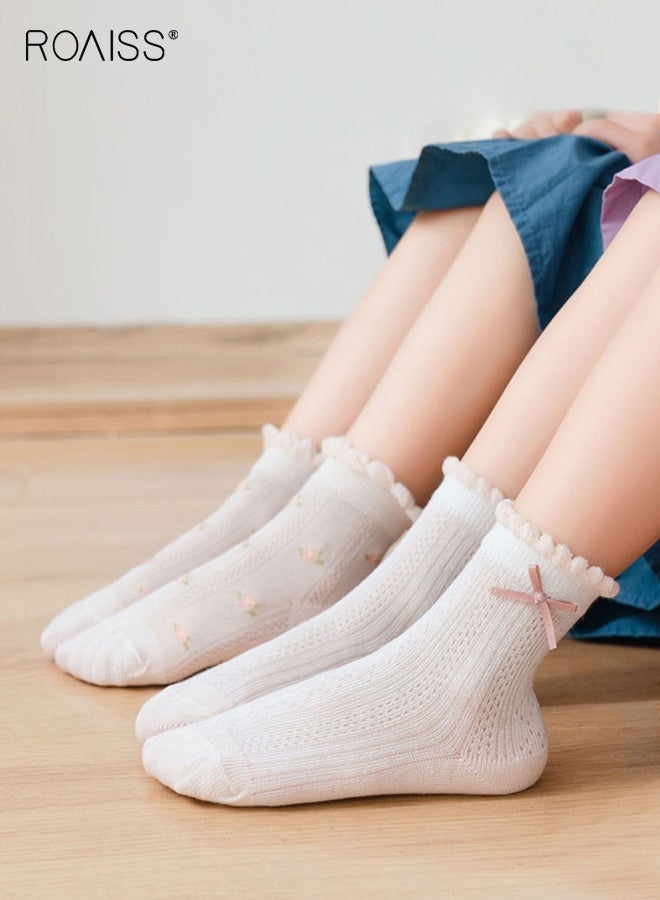 roaiss 5 Pairs Girls Mid-Calf Socks, Comfortable Breathable Mesh Socks Set, Anti-pilling Soft Socks, Thin Middle Tube Socks for Girls - Image 3
