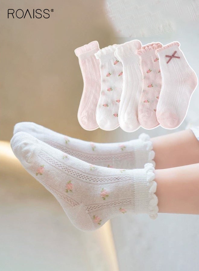 roaiss 5 Pairs Girls Mid-Calf Socks, Comfortable Breathable Mesh Socks Set, Anti-pilling Soft Socks, Thin Middle Tube Socks for Girls - Image 2