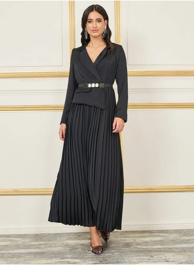ستايلي Gemstone Belted Pleated Blazer Midi Dress