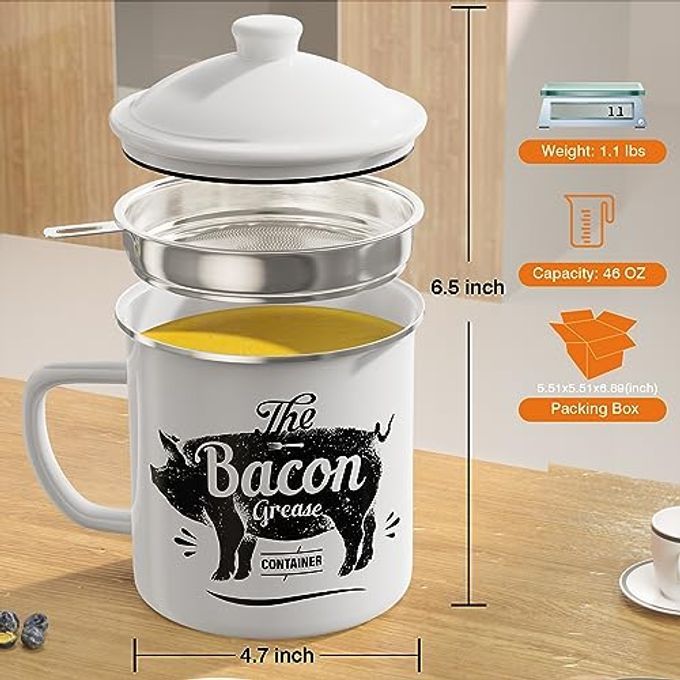 PGYARD Bacon Grease Container With Strainer, 46OZ Large Enamel Grease Container, With Silicone Spatula, Farmhouse Bacon Grease Keeper, Cooking Oil Container For Kitchen Fat Storage, Dishwasher Safe-White - Image 5