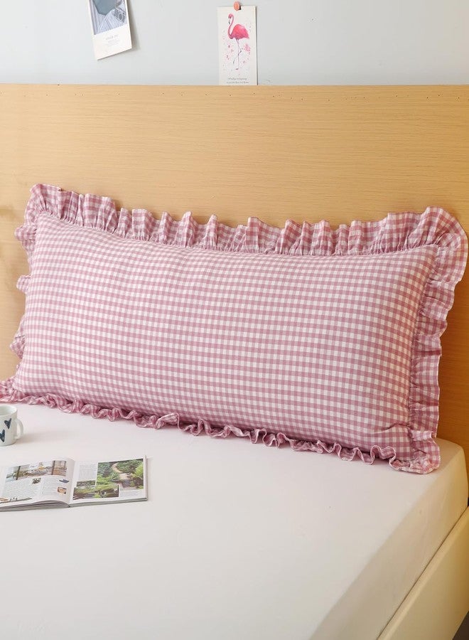 Silnuo Vintage Pink/White Plaid Ruffled Body Pillow Cover Washed Cotton Farmhouse Checkered Gingham 1 Piece Pillowcase for Living Room 20"x54" - Image 1