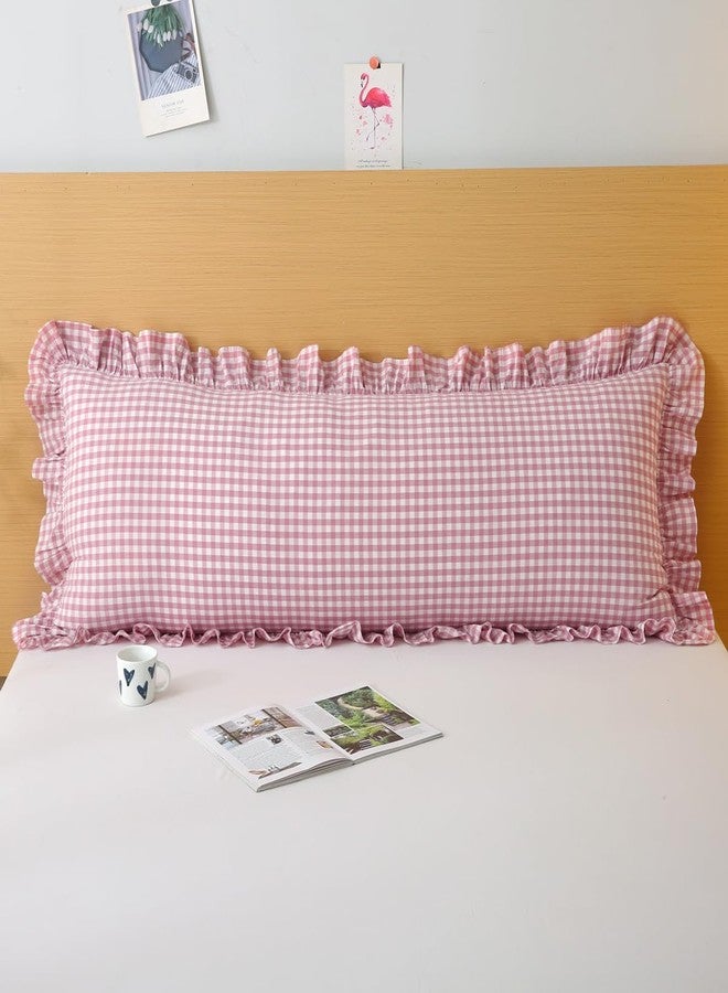 Silnuo Vintage Pink/White Plaid Ruffled Body Pillow Cover Washed Cotton Farmhouse Checkered Gingham 1 Piece Pillowcase for Living Room 20"x54" - Image 2