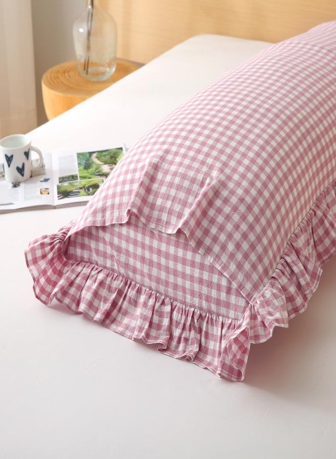 Silnuo Vintage Pink/White Plaid Ruffled Body Pillow Cover Washed Cotton Farmhouse Checkered Gingham 1 Piece Pillowcase for Living Room 20"x54" - Image 5