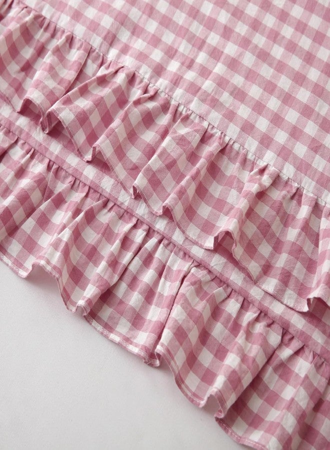 Silnuo Vintage Pink/White Plaid Ruffled Body Pillow Cover Washed Cotton Farmhouse Checkered Gingham 1 Piece Pillowcase for Living Room 20"x54" - Image 4