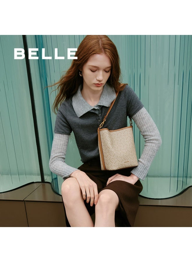 Belle [new Year Gift] Women's Handbag, 25 New Vintage Seagull Monogram Shoulder Crossbody Bucket Bag X7377cx5, Apricot Color - Image 3