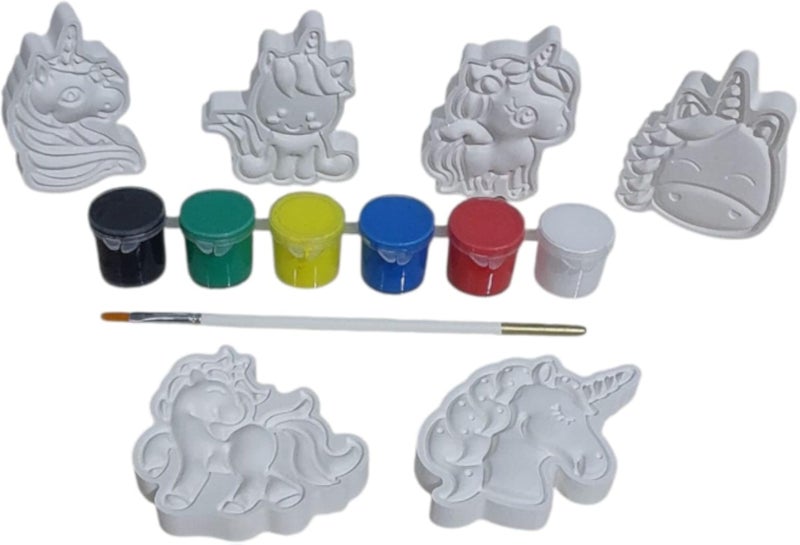 Gypsum Shapes for Coloring + 6 Acrylic Paints + Coloring brush ; Coloring Activity Combines Fun Play and Developing Basic Colors & Shapes Learning Skills‏.‏ (6 unicorn Shapes)
