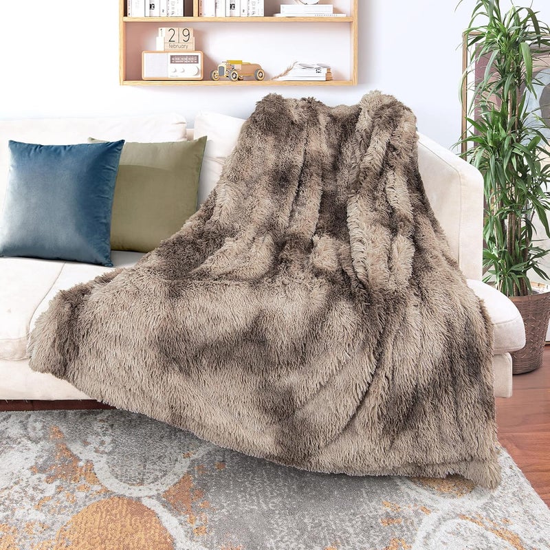 Tuddrom Extra Soft Faux Fur Blanket Queen Size 80" x 90", Solid Reversible Fuzzy Long Hair Shaggy Microfiber Fur Blanket for Couch Sofa Bed, Tie Dye Brown - Image 1