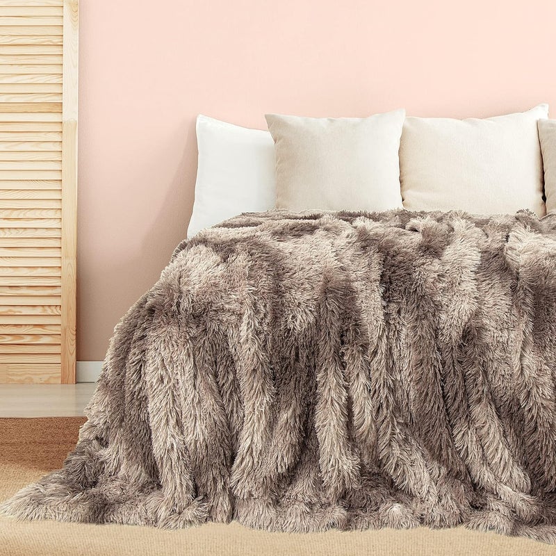 Tuddrom Extra Soft Faux Fur Blanket Queen Size 80" x 90", Solid Reversible Fuzzy Long Hair Shaggy Microfiber Fur Blanket for Couch Sofa Bed, Tie Dye Brown - Image 2
