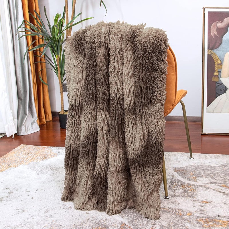 Tuddrom Extra Soft Faux Fur Blanket Queen Size 80" x 90", Solid Reversible Fuzzy Long Hair Shaggy Microfiber Fur Blanket for Couch Sofa Bed, Tie Dye Brown - Image 5