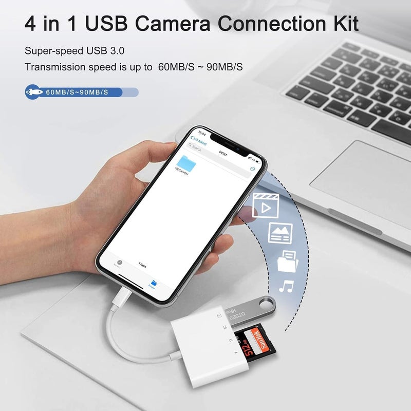 Sounce 4 in 1 Lightning to USB, SD TF Card Reader Adapter with Charging Port for iPhone, iPad, Dual Card Slot, Fast Charging & USB 3.0 OTG Connector Supports USB Flash Drive, Camera and More - White - Image 4