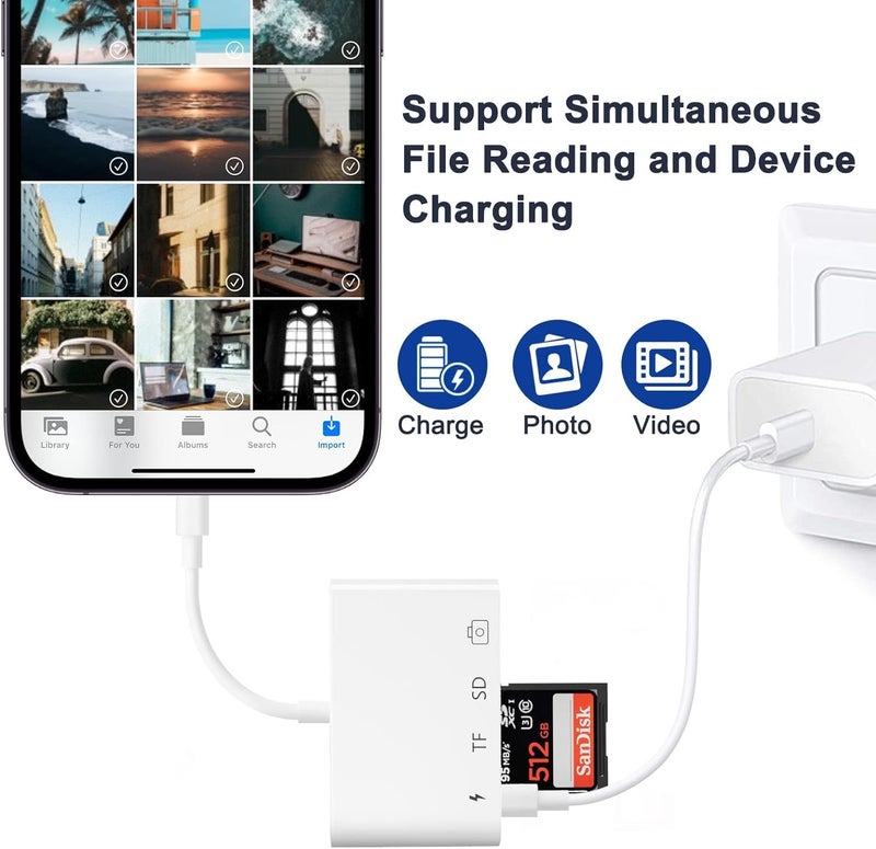Sounce 4 in 1 Lightning to USB, SD TF Card Reader Adapter with Charging Port for iPhone, iPad, Dual Card Slot, Fast Charging & USB 3.0 OTG Connector Supports USB Flash Drive, Camera and More - White - Image 3