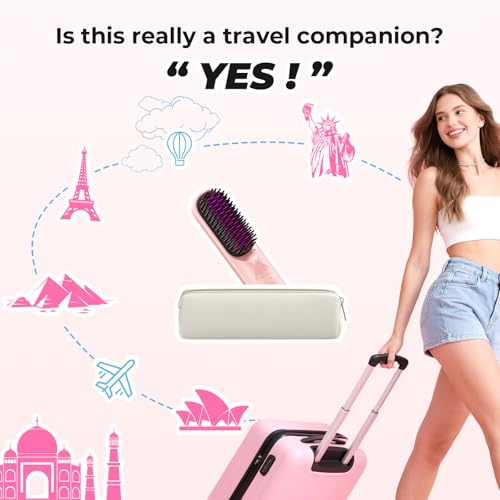 Bopcal Cordless Hair Straightener Brush - Portable Hair Straightening Brush for Travel - 300M Negative Ions for Frizz-Free Shine, Touch Up On-The-Go, Fast Heating, Gift for Women, 10,000mAh, Powder Pink - Image 3