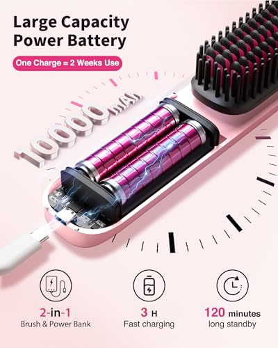 Bopcal Cordless Hair Straightener Brush - Portable Hair Straightening Brush for Travel - 300M Negative Ions for Frizz-Free Shine, Touch Up On-The-Go, Fast Heating, Gift for Women, 10,000mAh, Powder Pink - Image 5