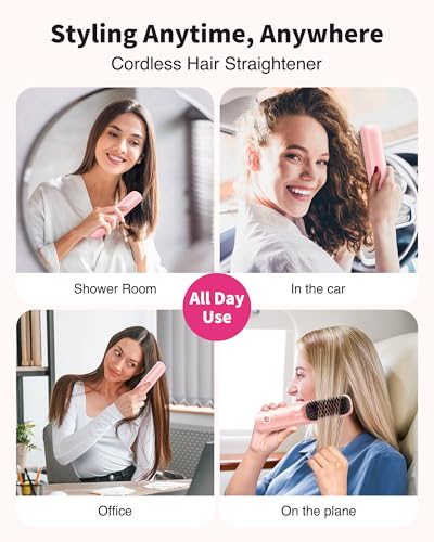 Bopcal Cordless Hair Straightener Brush - Portable Hair Straightening Brush for Travel - 300M Negative Ions for Frizz-Free Shine, Touch Up On-The-Go, Fast Heating, Gift for Women, 10,000mAh, Powder Pink - Image 2