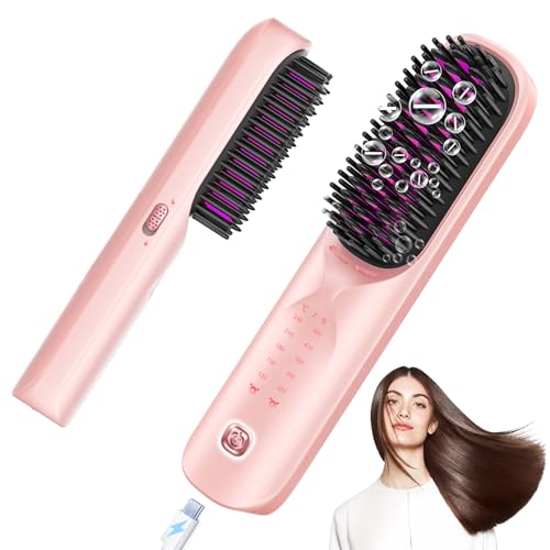 Bopcal Cordless Hair Straightener Brush - Portable Hair Straightening Brush for Travel - 300M Negative Ions for Frizz-Free Shine, Touch Up On-The-Go, Fast Heating, Gift for Women, 10,000mAh, Powder Pink - Image 1
