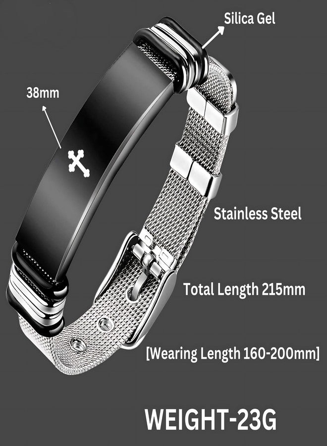 M Men Style Religious Lord Jesus Christ Cross Memorial Jewelry Sympathy Bracelet Bangle Christmas Birthday Gift for Son, Him, His, Friends Gold Stainless Steel Black SBr202589 - Image 2