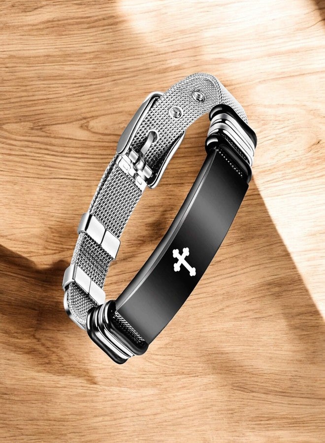 M Men Style Religious Lord Jesus Christ Cross Memorial Jewelry Sympathy Bracelet Bangle Christmas Birthday Gift for Son, Him, His, Friends Gold Stainless Steel Black SBr202589 - Image 5