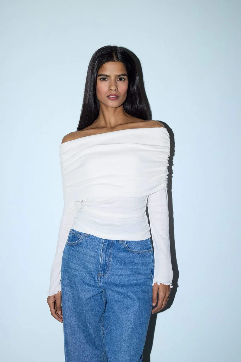 ديفاكتو Slim Fit Off Shoulder Ribbed T-Shirt