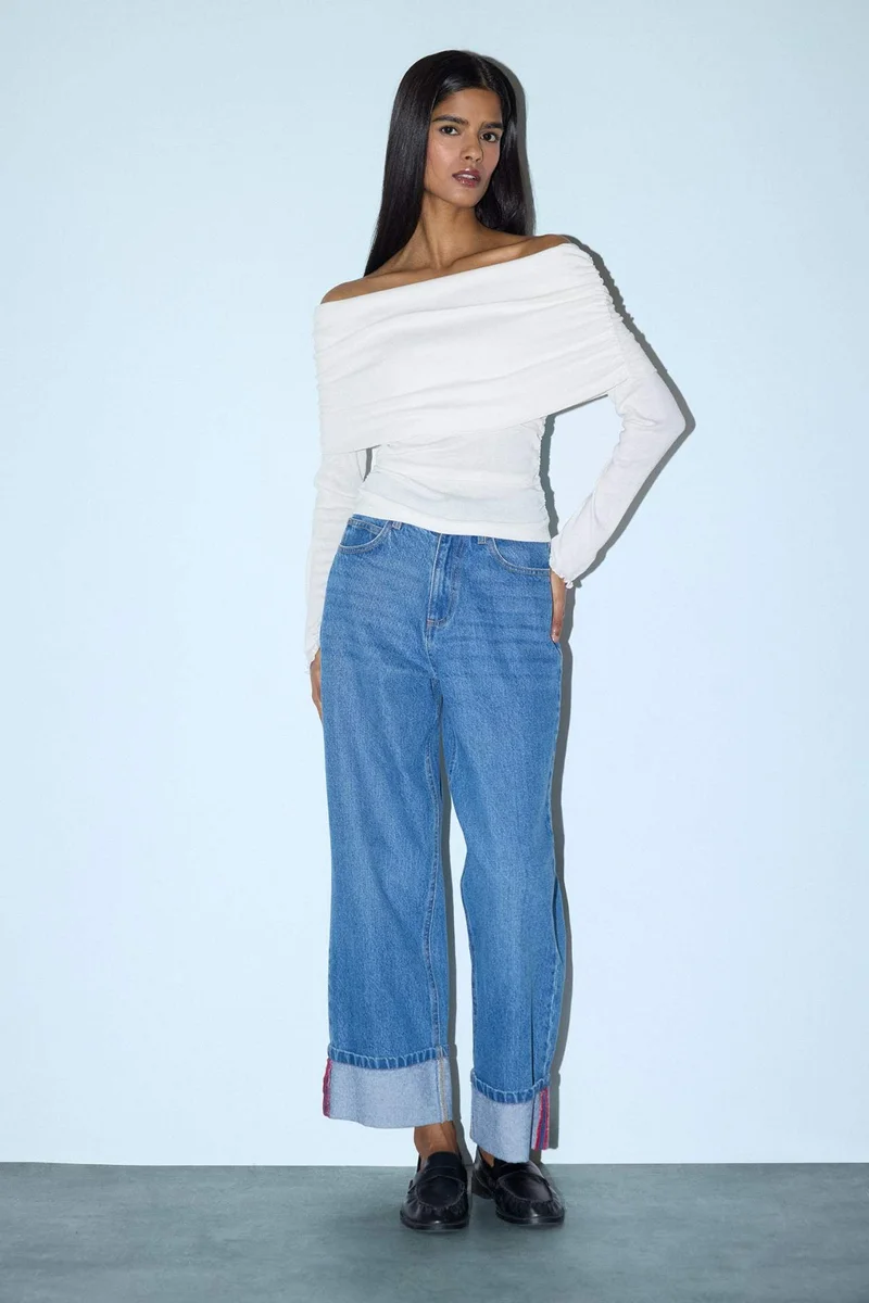 ديفاكتو Slim Fit Off Shoulder Ribbed T-Shirt