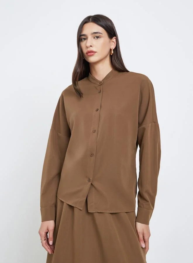 Styli Styli Brown Regular Fit Stand Collar Shirt and Skirt Co-ords
