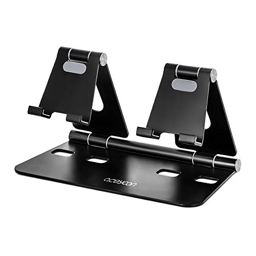 aceyoon Adjustable Tablet Stand, iPad/Cell Phone Holder for Desk, Aluminum Alloy Stand Holder for 2 Phones or a Tablet/Kindle, Sturdy Dual Stands, Foldable and Portable, Black - Image 1