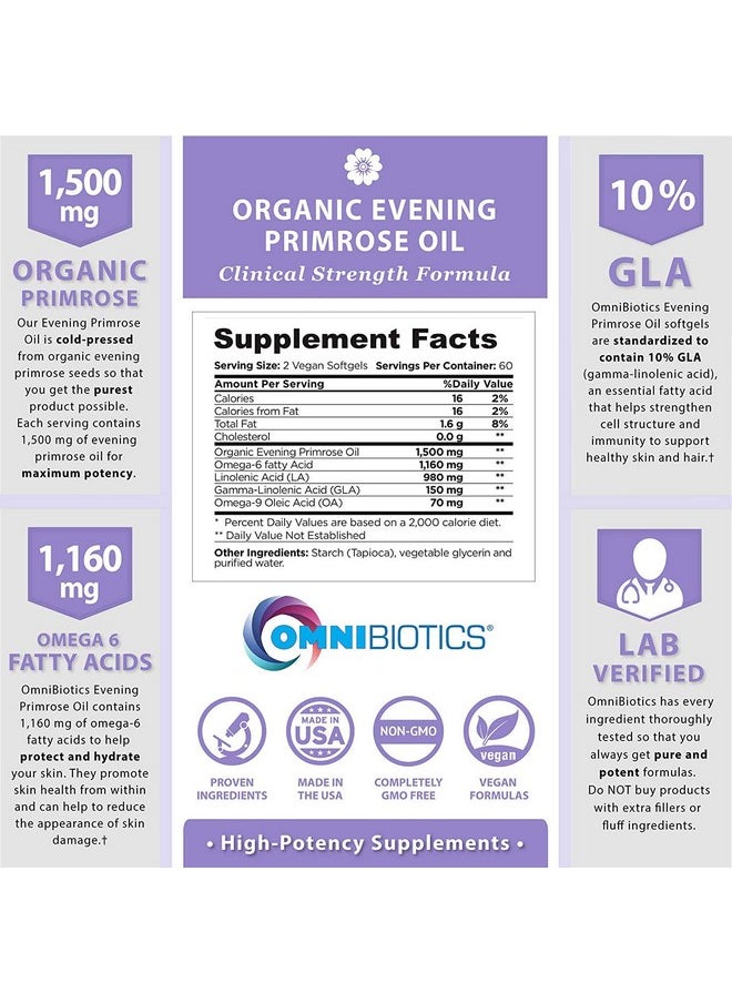 OmniBiotics Organic Evening Primrose Oil ; Clinical Strength 1500 Mg ; 10% Gla ; Coldpressed Nongmo ; Hormone Balance For Women ; Menopause And Pms Support ; 120 Vegan Softgel Capsules  - Image 2