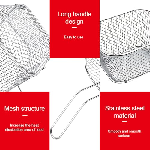 Odowalker 4 Pcs Mini Square Fry Baskets, 4.13×3.3×2.5inch Stainless Steel Fry Basket with Handle Steel French Fry Chip Basket French Fries Desk Food Presentation Mesh Basket Kitchen Cooking Tool - Image 3
