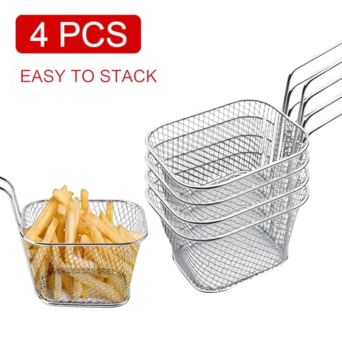 Odowalker 4 Pcs Mini Square Fry Baskets, 4.13×3.3×2.5inch Stainless Steel Fry Basket with Handle Steel French Fry Chip Basket French Fries Desk Food Presentation Mesh Basket Kitchen Cooking Tool - Image 4