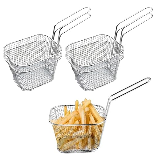 Odowalker 4 Pcs Mini Square Fry Baskets, 4.13×3.3×2.5inch Stainless Steel Fry Basket with Handle Steel French Fry Chip Basket French Fries Desk Food Presentation Mesh Basket Kitchen Cooking Tool - Image 1