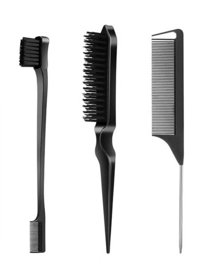 3-Piece Hair Styling Comb Set for Women, Including Teasing Hair Brush, Rat Tail Comb and Edge Brush, Ideal for Edge Control, Back Brushing, Combing, Smoothing and Slicking Hair, Perfect for Daily Hair Styling and Creating Neat, Defined and Sleek Hairstyles (Black) - Image 1