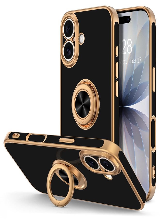 Hython for iPhone 17 Case with Ring Stand, 360° Rotatable Ring Holder Magnetic Kickstand, Plating Rose Gold Edge Soft Cover Protective Phone Case for iPhone 17 6.3", Black - Image 1