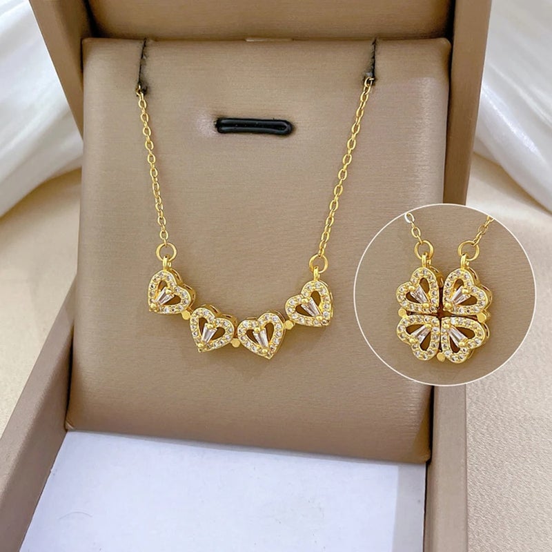 سلسلة أستانليس ستيل مع دلاية شكل أربعة قلوب مغناطيس مرصعة بفصوص الزيركون - Image 5