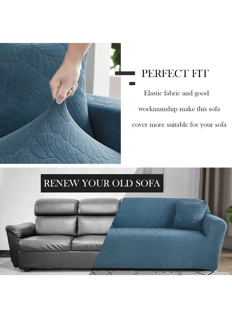 HOUSE OF QUIRK - House of Quirk Universal Triple Seater Jacquard Leaf Fabric Sofa Cover Soft Touching Cover for Couch Flexible Stretch Sofa Slipcover (Blue, 185-230cm) - Image 1