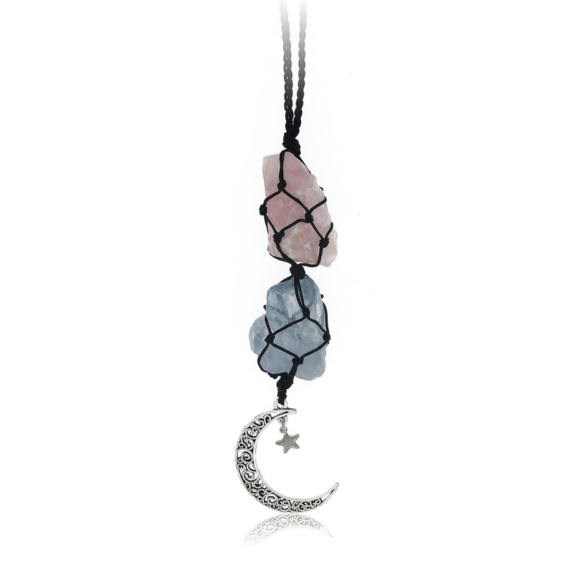 BOHO GARDEN Hanging Car Charm Rose Quartz Blue Calcite Dangling Moon Healing Crystal Accessories Rearview Mirror Decorations Love Connection SelfWorth Calmness Communication Creativity