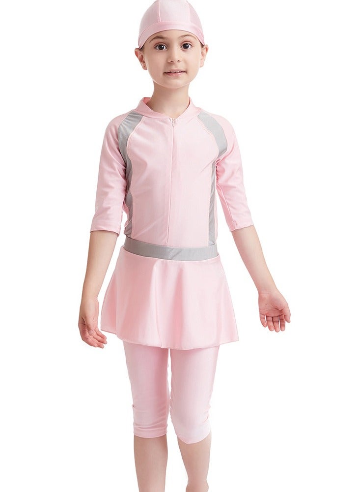 Al Aoyama Girls' One Piece Swimsuit with Swim Cap & Skirt, UPF 50+Resistant Athletic Swimwear for Toddler Kids 3-8 Years, Modest Bathing Suits for Beach Pool Training - Image 1