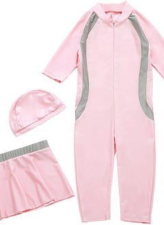 Al Aoyama Girls' One Piece Swimsuit with Swim Cap & Skirt, UPF 50+Resistant Athletic Swimwear for Toddler Kids 3-8 Years, Modest Bathing Suits for Beach Pool Training  - Image 3