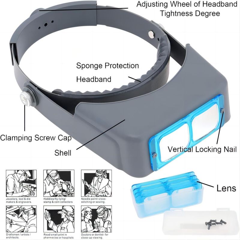 Headband Magnifier: Gray 4 Interchangeable Lenses Up To 350% Clear Vision - Adjustable Headband Lightweight Design For All-Day Comfort Hands-Free Magnifying Lens For Jewelry Making Reading Precision T - Image 2