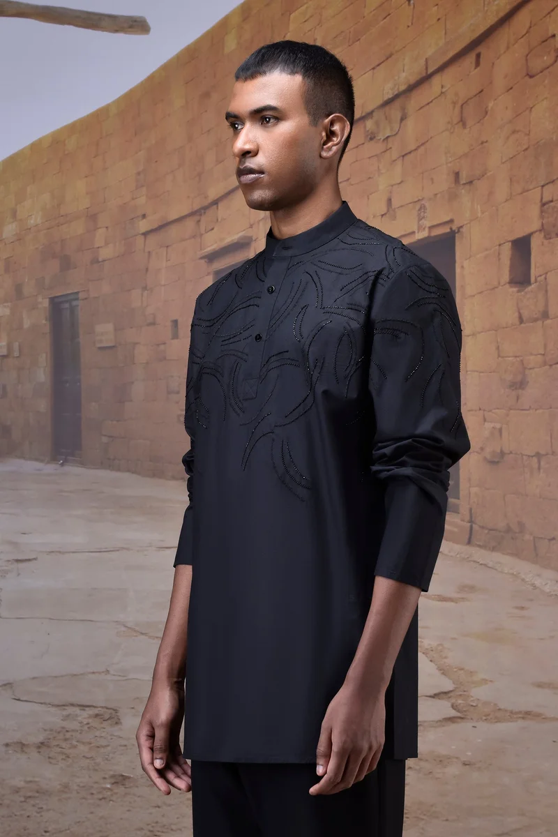 Genes Lecoanet Hemant Embroidered Black Poplin Band-Collar Shirt