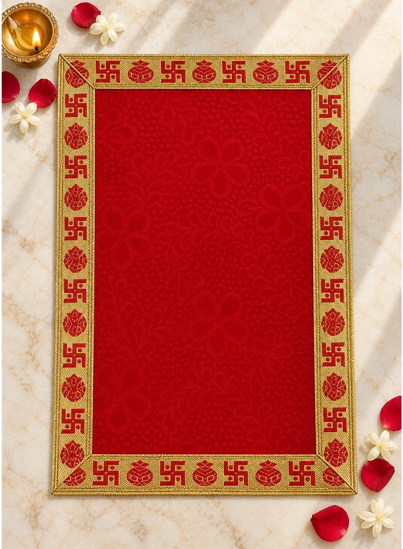 Madhoor Velvet Swastik Kalash Decorative Pooja Aasan Red for Pooja, Deity Idol Placement & Home Temples, 12 x 18 Inches - Image 1