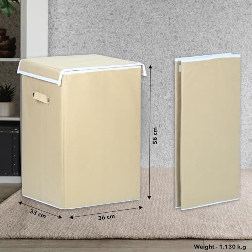 ANYTIME Set of 2 75L Foldable Laundry Bag for Clothes with Lid and Handles | Non-Woven Rectangular | Clothes Storage Basket | Freestanding Organizer | Toy Storage Basket | (56x36x33) Beige - Image 3