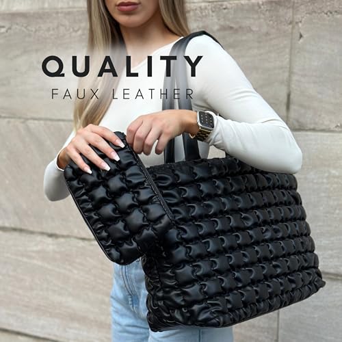 Citrusy Boutique The Cloud Tote Bag Set | Puffer Tote Bag with Insert Pouch | Quilted Tote Bag for Women | Trendy Padded Shoulder Puffy Bag (Black) - Image 4