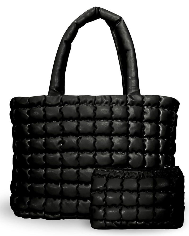 Citrusy Boutique The Cloud Tote Bag Set | Puffer Tote Bag with Insert Pouch | Quilted Tote Bag for Women | Trendy Padded Shoulder Puffy Bag (Black) - Image 1