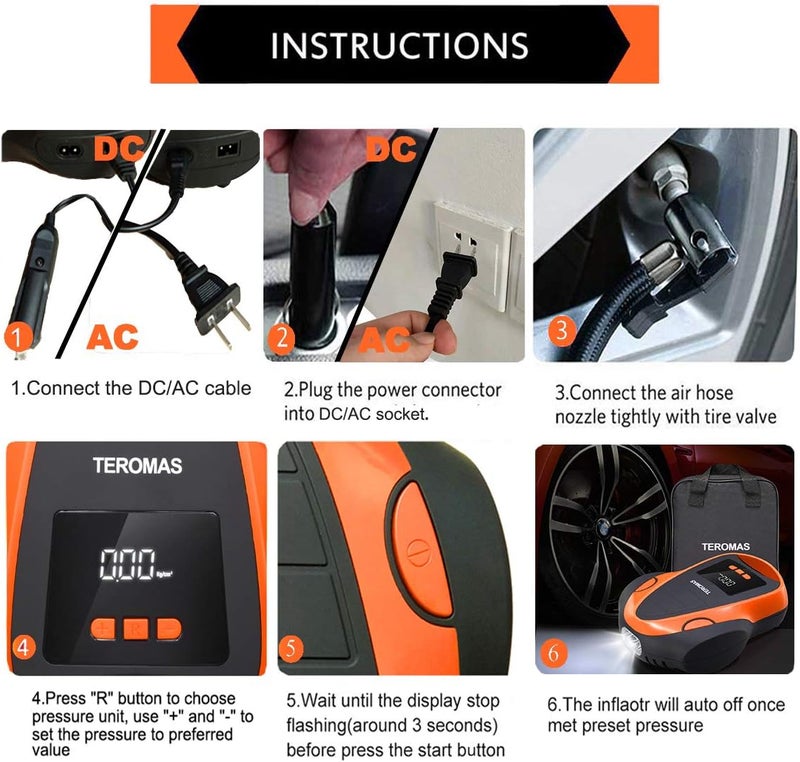 TEROMAS Tire Inflator Portable Air Compressor, Air Pump DC/AC for Car Tires 12V DC and Other Inflatables at Home 110V AC, Digital Electric Tire Pump with Pressure Gauge(Orange) - Image 4