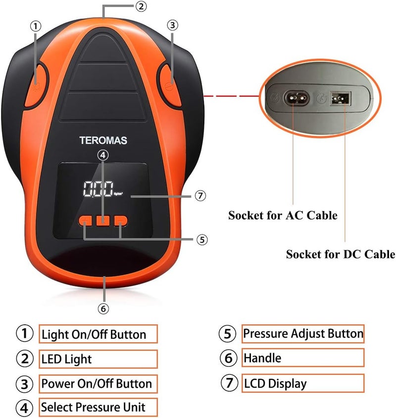 TEROMAS Tire Inflator Portable Air Compressor, Air Pump DC/AC for Car Tires 12V DC and Other Inflatables at Home 110V AC, Digital Electric Tire Pump with Pressure Gauge(Orange) - Image 2