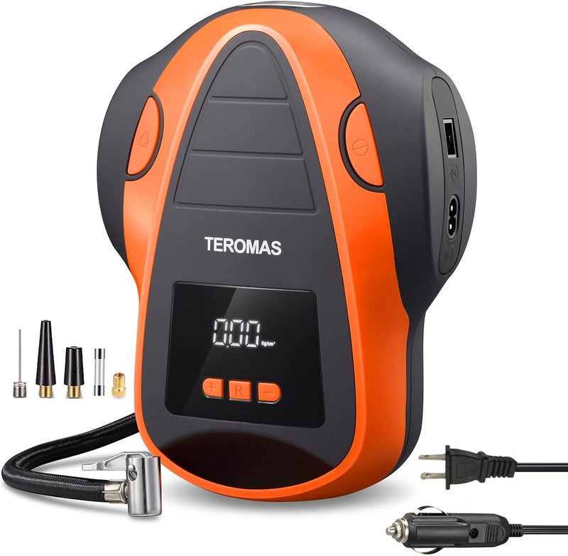 TEROMAS Tire Inflator Portable Air Compressor, Air Pump DC/AC for Car Tires 12V DC and Other Inflatables at Home 110V AC, Digital Electric Tire Pump with Pressure Gauge(Orange) - Image 1