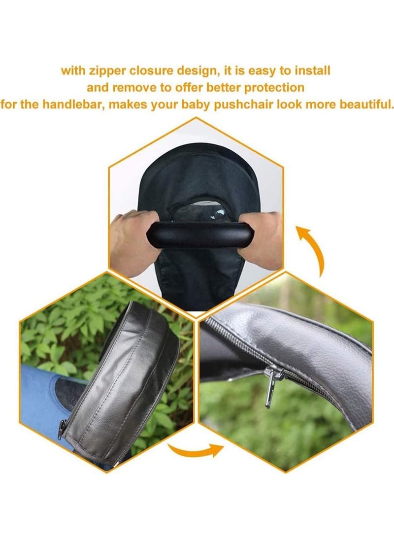MileMelo - Baby Stroller Handle Protector, Baby Stroller Handle PU Leather Protective Cover Universal Stroller Handle Cover with Zipped Closure Black - Image 1
